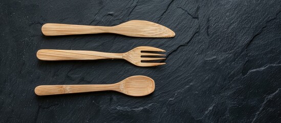Poster - Eco-friendly wooden knife and fork on a black background with copy space image for text, emphasizing the zero-waste concept in a top view.