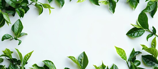Aufkleber - Freshly picked green tea leaves arranged in a nature-inspired frame on a white background, creating a copy space image with homegrown organic tea plantation aesthetics.