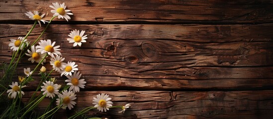 Poster - Weathered wood background with daisy flowers provides a copy space image.