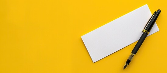 Fototapete - Mockup with a pen on a yellow background featuring an empty white paper sheet for copy space image.