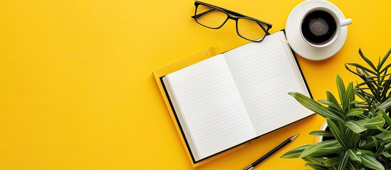 Poster - Book with blank cover rests beside glasses, coffee, and a plant on a yellow desk in a top-down shot with ample copy space image for text, symbolizing self-improvement through reading.