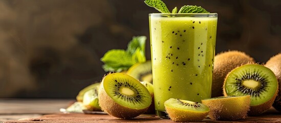 Wall Mural - Kiwi smoothie with fresh ingredients displayed on a wooden surface, leaving room for text in the image. Copy space image. Place for adding text and design