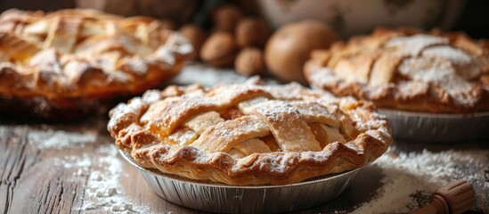 Poster - Close-up of homemade pies with flour, providing copy space for use as a background image.