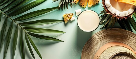 Aufkleber - Top view of a tropical setup featuring a ripe pineapple, cracked coconut with milk and a hat on a flat surface with a copy space image, evoking a summer vibe.