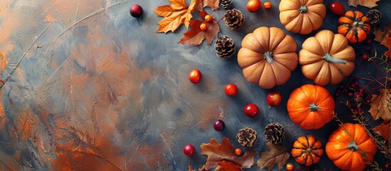 Aufkleber - Thanksgiving-themed setup with pumpkins, leaves, and decorations on a textured table. Offers a close-up view from the top, ideal for text placement, with plenty of visible copy space image.