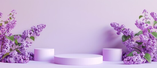 Fototapete - Lilac background with blooming branch and decorative podiums offering copy space image.