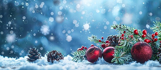 Poster - Christmas themed banner featuring red ornaments, pine cones, and branches arranged on a snowy wooden surface, set against a blue bokeh background with available copy space image.