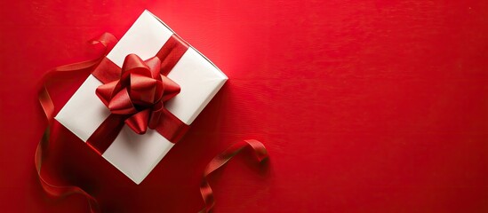 Wall Mural - A gorgeous white gift box topped with a vibrant red ribbon placed on a red backdrop. Ideal present for New Year, Christmas, birthday. Top-down view with space for text or image. Copy space image