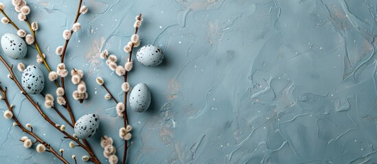 Aufkleber - Top-view Easter arrangement with willow twigs and hanging eggs in a stylish classic blue shade, featuring copy space image.