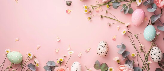 Leinwandbilder - Vertical Happy Easter greeting card with a bright frame created with fresh flowers, eucalyptus twigs, and decorative eggs on a light pink background providing ample copy space image.