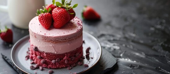 Sticker - Cake in maroon hues next to a strawberry, set against a backdrop of milk tea; includes copy space image.