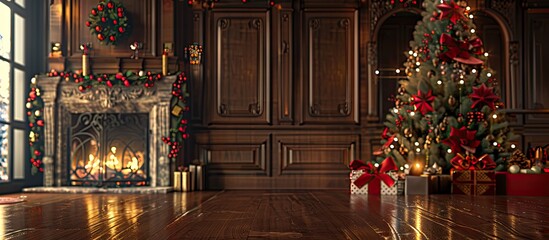 Wall Mural - Table background with ample copy space image for decoration, complemented by a festive fireplace adorned with a Christmas tree in the backdrop.