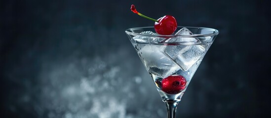 Poster - An elegant side-view shot of a martini glass complete with ice cubes and a single cherry set against a dark background. Ideal for alcoholic beverage promotions in bars, parties, restaurants, or