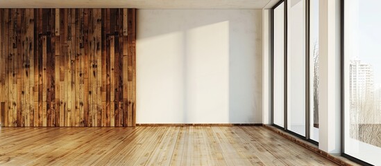 Wall Mural - Room interior with a hardwood wall and white wall, offering a blank canvas for images with copy space.