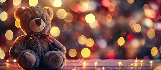 Canvas Print - High quality photo of a cute teddy bear against a Christmas light background with defocused, blinking lights and blurred bokeh, providing a holiday-themed copy space image.