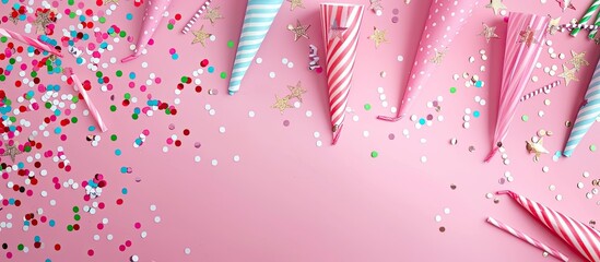Aufkleber - Pink background with party hats, confetti, and straws creating a festive atmosphere, perfect for a celebration, with copy space image.