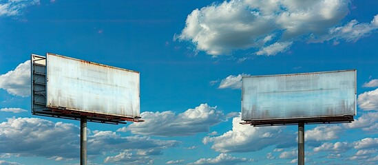 Sticker - Two empty billboards set against a blue sky with white clouds, ideal for mockups and templates emphasizing consumerism and advertising with white screen copy space image.