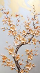 Canvas Print - Gold cherry blossom bas relief pattern art flower plant.