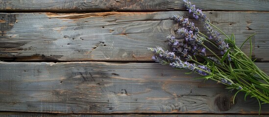 Poster - Lavender stems displayed on a rustic wooden surface with a blank space for additional imagery.