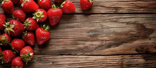 Leinwandbilder - Juicy strawberries on a rustic wooden table with a blank area for adding text or images, known as a copy space image.