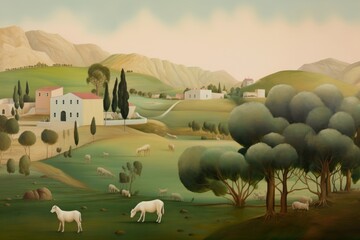 Wall Mural - Illustration of farm painting art landscape.