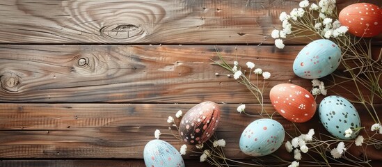 Aufkleber - Easter Eggs decoration on wooden background creates a festive Happy Easter Holidays copy space image.