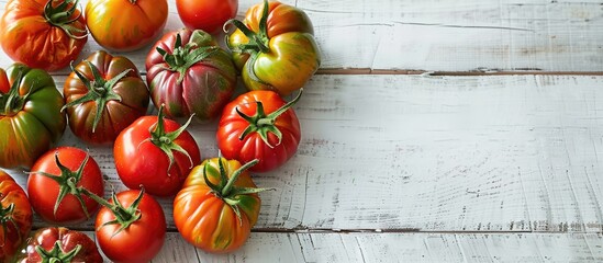 Wall Mural - A stunning photograph of vibrant, ripe heirloom tomatoes on a bright white wooden surface with a green backdrop, providing ample copy space in the image.