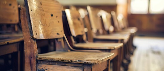 Aufkleber - Blurry background in school featuring vintage wooden lecture chairs for an educational theme with empty space for text or images. Copy space image. Place for adding text and design