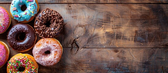 Wall Mural - Colorful sweet donuts with various toppings on a wooden table in a top view copy space image.