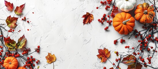 Sticker - Festive fall decoration with pumpkins, leaves, and berries on a white rustic backdrop, creating a flat lay design with a blank area for inserting text or images. Copy space image