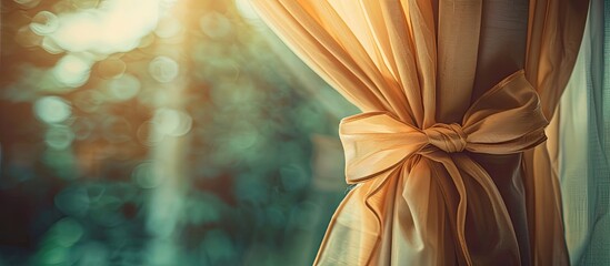 Poster - An elegant bow adorns the beautiful curtain on the window, adding a decorative touch with its natural material, creating a cozy atmosphere around a peaceful copy space image.