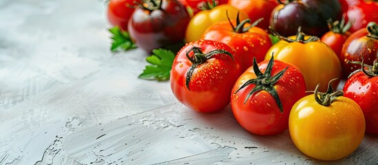 Wall Mural - A stunning photograph of vibrant, ripe heirloom tomatoes on a bright white wooden surface with a green backdrop, providing ample copy space in the image.