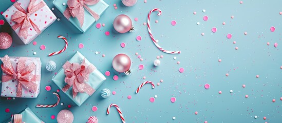 Aufkleber - Top view of Christmas-themed arrangement with pink presents on a blue backdrop, offering ample copy space image.
