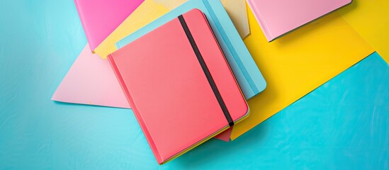Fototapete - Notebook on a colorful surface with copy space image.