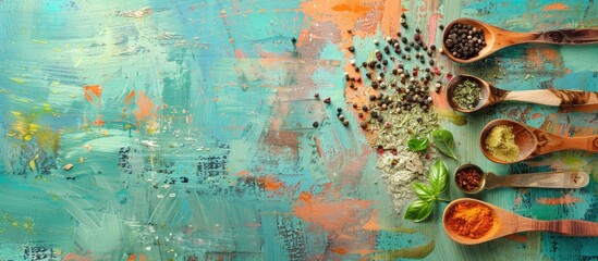 Poster - Wooden spoons with herbs and spices on colorful wooden surface create a charming composition with copy space image.