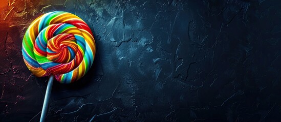 Poster - Vibrant lollipop on dark backdrop with space for text. Ideal for party banners, sales, or discounts. Copy space image. Place for adding text and design