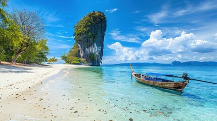 Wall Mural - A distant view of the island with white sand beaches and surrounded by clear waters. in Krabi Province in Thailand