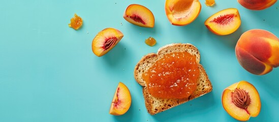 Aufkleber - Top view copy space image of a sweet breakfast featuring toast with peach jam on a blue background, creating a delightful and appetizing visual composition.
