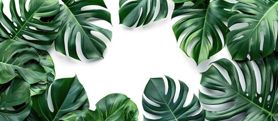 Poster - Top-view tropical green monstera leaves and branches forming a pattern against a white background, ideal for a poster with copy space image.