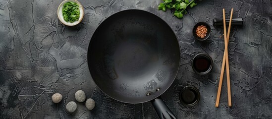 Poster - Flat lay of black wok, chopsticks, and assorted items on a textured table with room for text in the image. Copy space image. Place for adding text and design