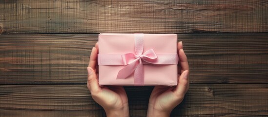 Wall Mural - Top view of female hands holding a pink gift box on a wooden background, creating a festive flat lay composition with copy space image.