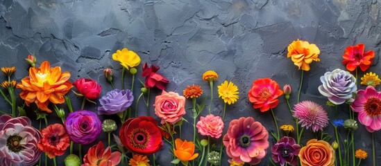 Fototapete - Colorful garden flowers displayed on a stone table background, providing a backdrop with ample copy space for additional elements.