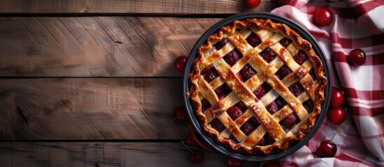 Poster - Traditional American cherry pie dessert with a sumptuous filling, set against a background of a rustic kitchen table with a copy space image.