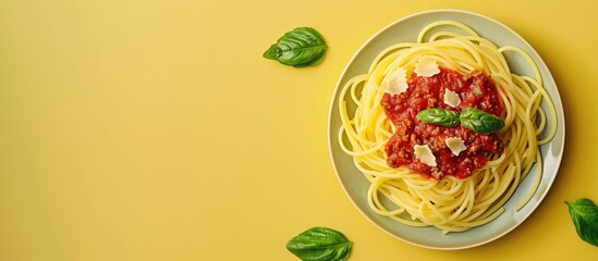 Wall Mural - Top view of a plate of spaghetti pasta bolognese adorned with tomato sauce, basil, on a creative yellow background with copy space image.