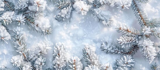 Poster - Snow covers pine branches creating a wintry, festive copy space image.