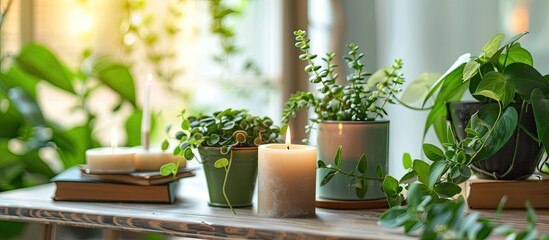 Wall Mural - Table adorned with green houseplants, aromatic candles, and books on it with a light background for a cozy setting and a copy space image.