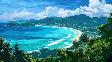 Wall Mural - Aerial view of the sandy beach of the Andaman Sea, blue sea. and forests in Phuket Island in summer, Thailand