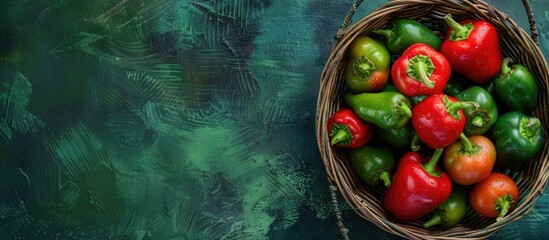 Wall Mural - Organic, farm-fresh green chili peppers arranged in a basket on a green backdrop, providing a copy space image, freshly picked and flavorful.