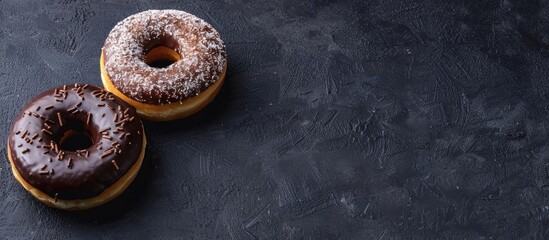 Poster - Two black, white, and brown donuts on a dark backdrop with copy space image.