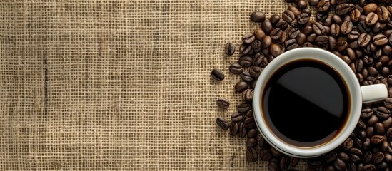 Wall Mural - Bird's eye perspective of a cup of coffee and coffee beans on a burlap surface with copy space image.